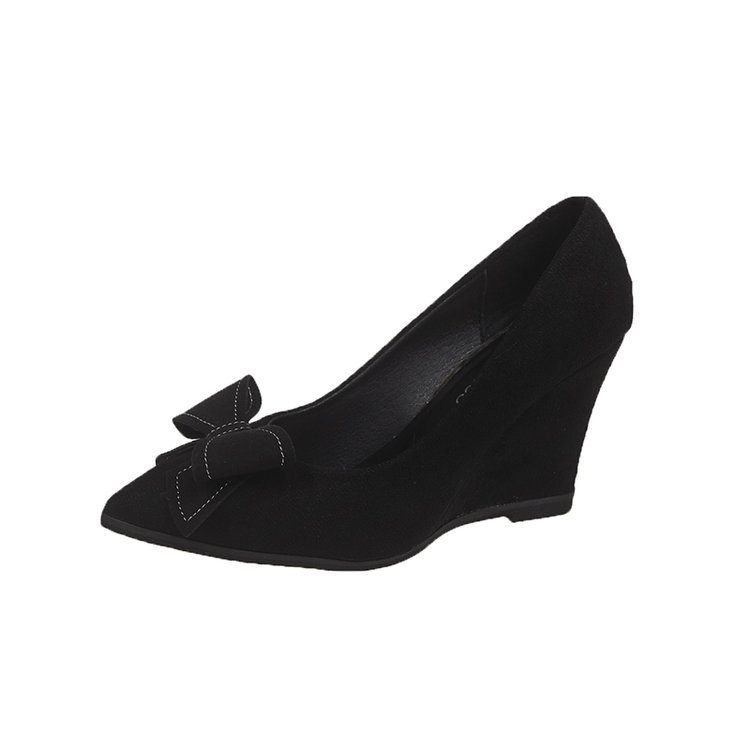 New Korean version bow thick-soled wedge heel pointed-toe shallow-mouth women's single shoes for Spring and autumn 2025 Item Picture