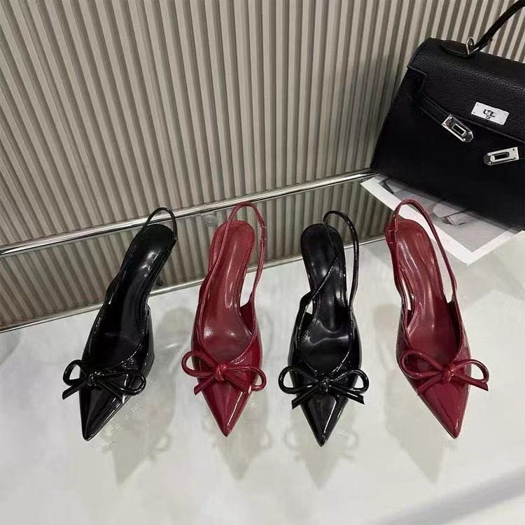 Red patent leather pointed-toe high heels 2025 Spring new style bow decoration high heels one-piece back open loop women's shoes Specification drawing