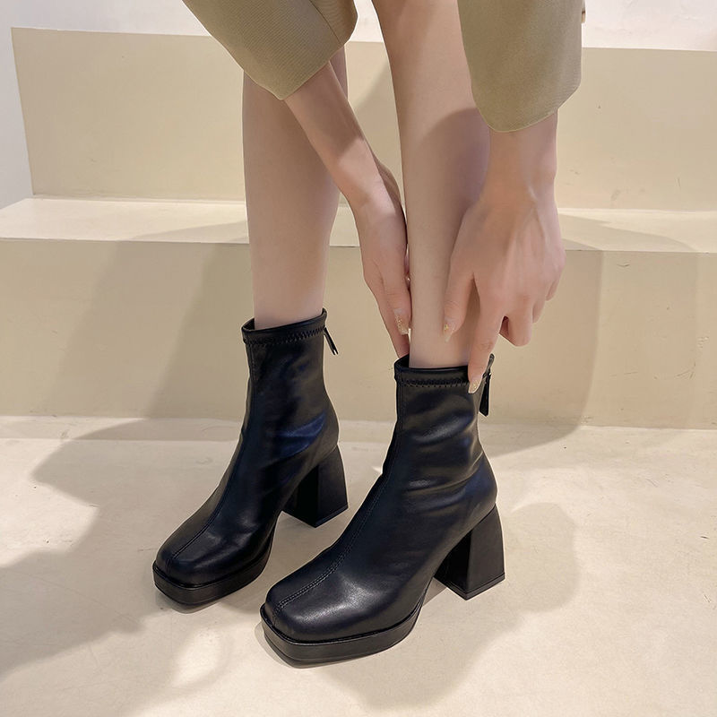 Short boots for women 2025 New spring and autumn single boots, Dr. Martens boots, round-toe height-increasing waterproof platform bare boots, thick high-heeled boots for women Specification drawing