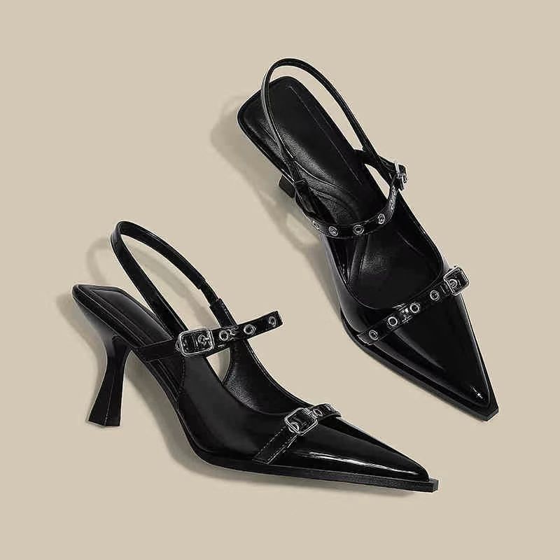 High-heeled women's 2025 summer new black pointed-toe, thin-heeled French one-strap, flip-top, shallow-mouthed single shoe details Picture