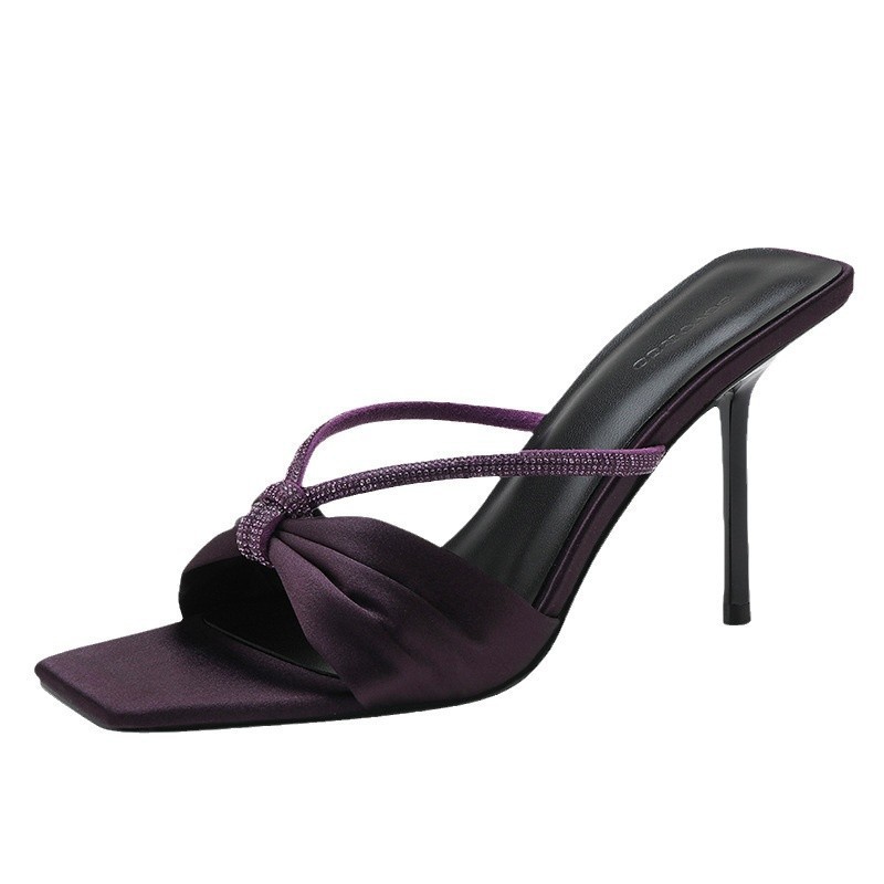 Purple satin rhinestone strappy sandals for women in summer 2024, new style with bow, exposed toe, high-heeled flip-flops worn outside Item Picture