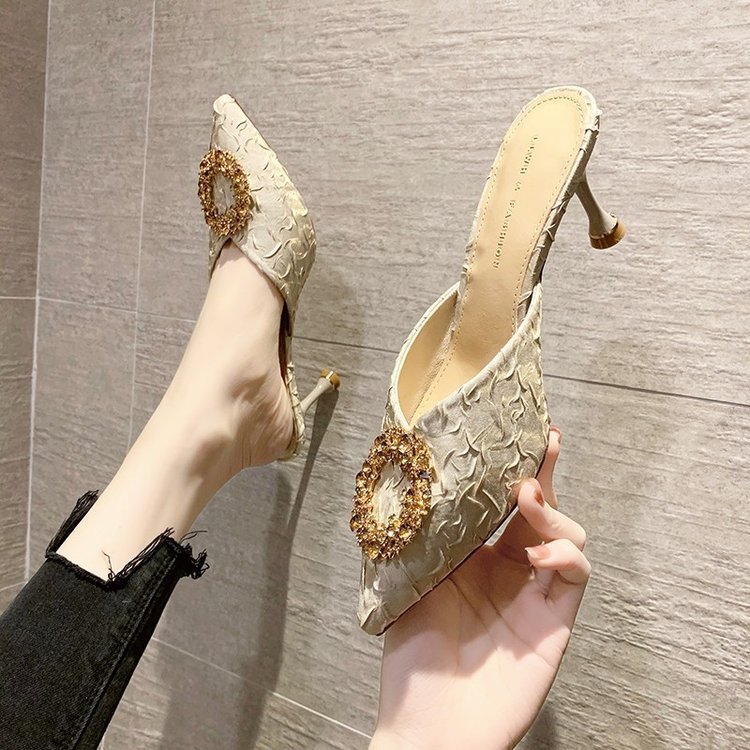 The new French rhinestone high heels with thin heels and black flip-flops for women wearing half slippers in summer 2023 Specification drawing