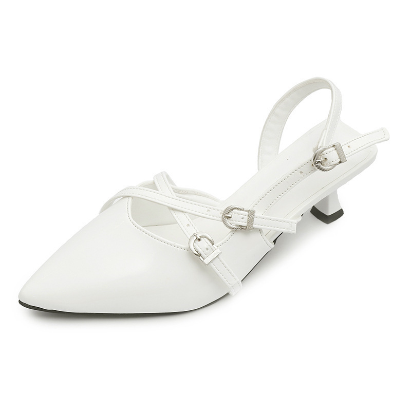 2025 New French design style patent leather pointed-toe shallow-mouthed belt-buckle high heels, soft-soled slim fit, single shoe for women Item Picture