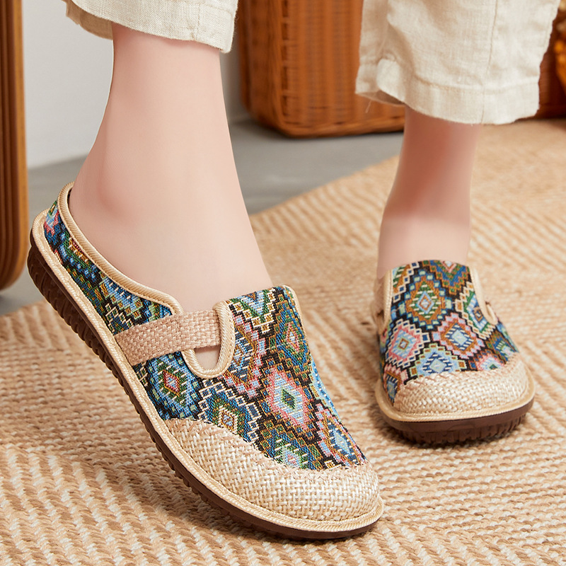 Jinshiyuan - Women's shoes, casual shoes processing and customization, ethnic style embroidered shoes, one-foot flip-top, half-toe, versatile single shoes Specification drawing