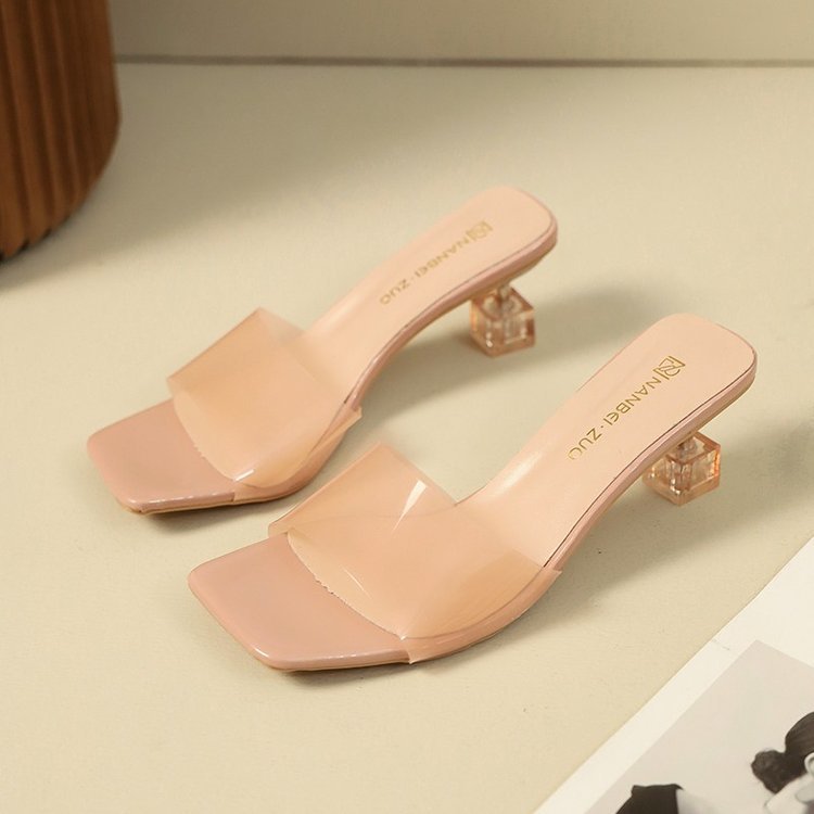 New high-heeled transparent flip-flops for women wearing large-sized French crystal thin-heeled square-toed one-piece flip-flops outside Specification drawing