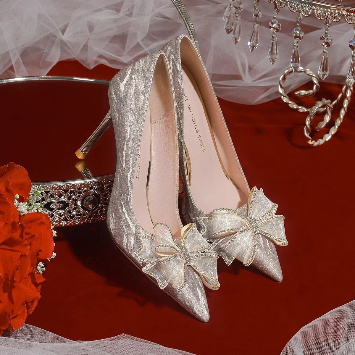 Single shoe French champagne color wedding shoes, autumn and winter bride shoes, 2025 new style He Xiu wedding dress, two-wear engagement high heels full figure