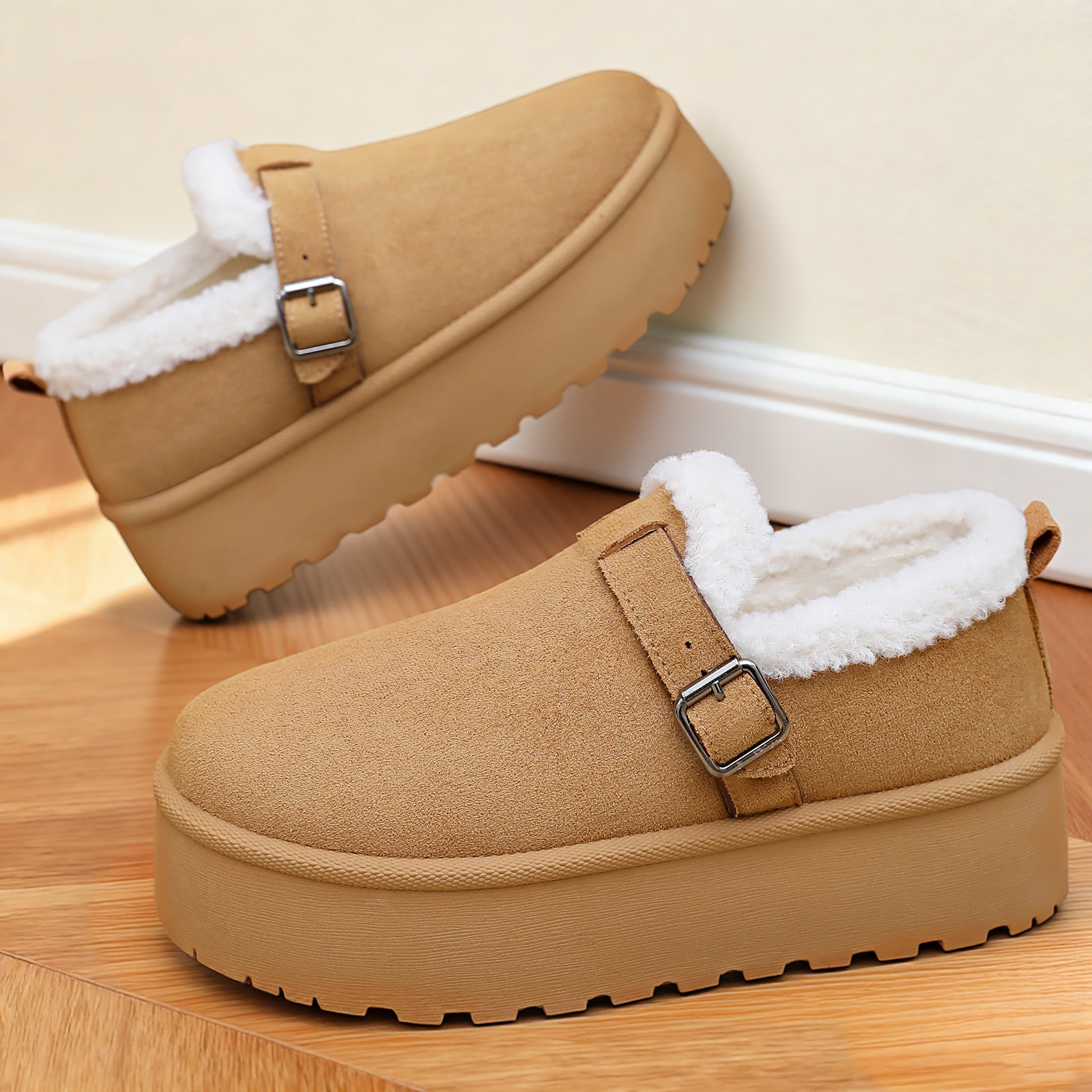 Cross-border large-sized cotton shoes, TEMU fleece snow boots, warm ankle boots, thick-soled height-increasing cotton boots, versatile women's shoes full figure