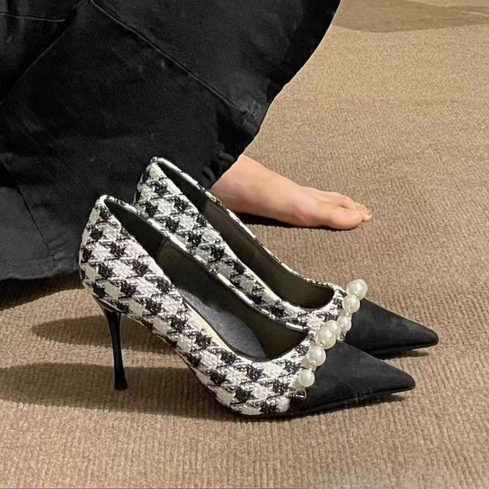 The 2023 new Chanel style slim heel bestseller, French checkered high heels, color-matching and versatile pearl single shoes for women's autumn and winter Specification drawing