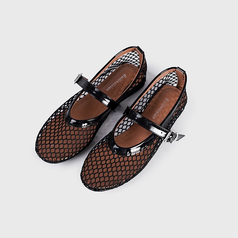 French-style hollowed-out ballet shoes for women, flat flat, one-button metal mesh, Mary Jane shoes, women's niche design single shoes Item Picture