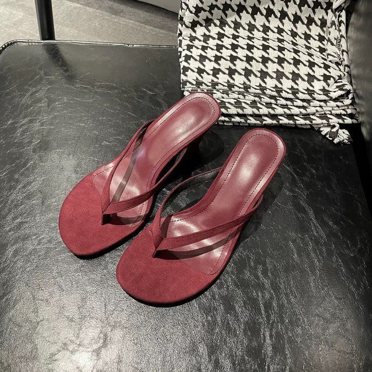 French retro high-end high-heeled women's shoes, toe clip-on fashionable sandals for women's summer 2025 new style, thick-heeled outerwear flip-flops Specification drawing