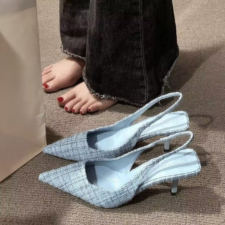 High-end chanel-style high heels, narrow-heeled pointed-toe sandals for women, 2025 summer new style, backheel, pocket, large-sized single shoes details Picture