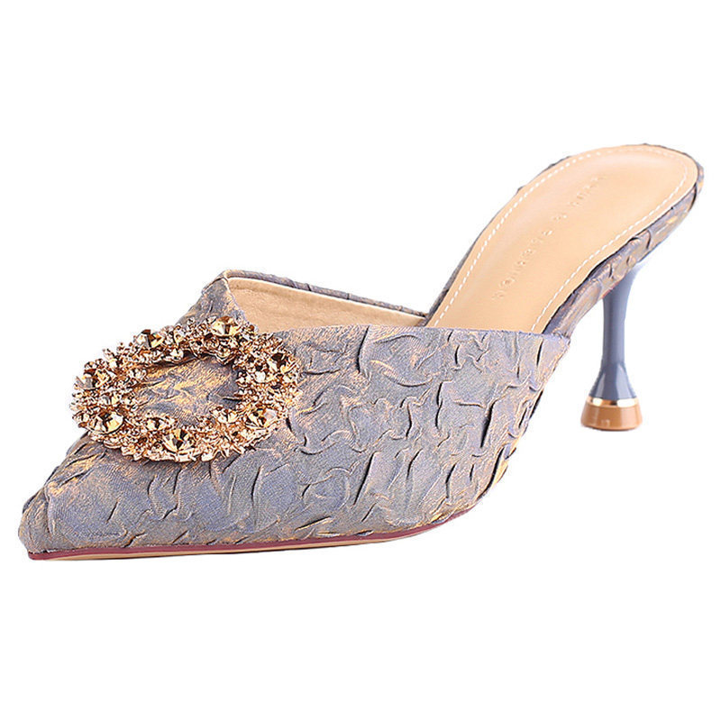 The new French rhinestone high heels with thin heels and black flip-flops for women wearing half slippers in summer 2023 Item Picture