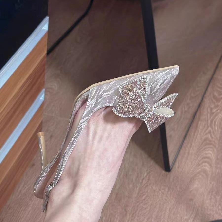 Thin-heeled pointed-toe flip-top autumn bride shoes, fashionable European and American water diamond bridesmaid high heels and sandals, new crystal wedding shoes Application Scenario