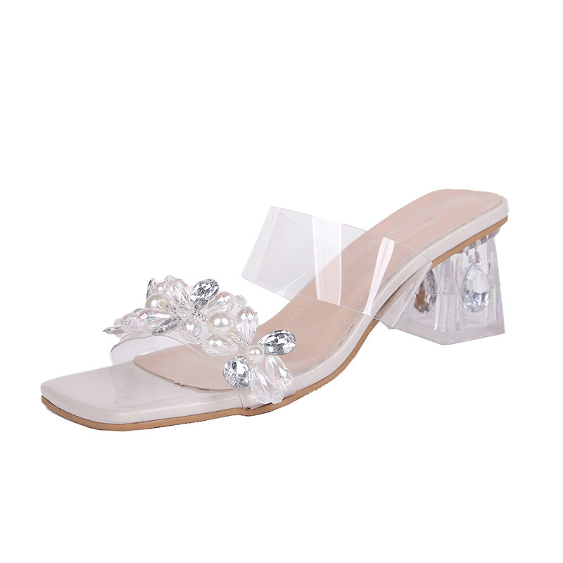 French transparent crystal diamond-encrusted thick-heeled slippers for women, 2024 new style summer outerwear water diamond high-heeled sandals, large size Item Picture