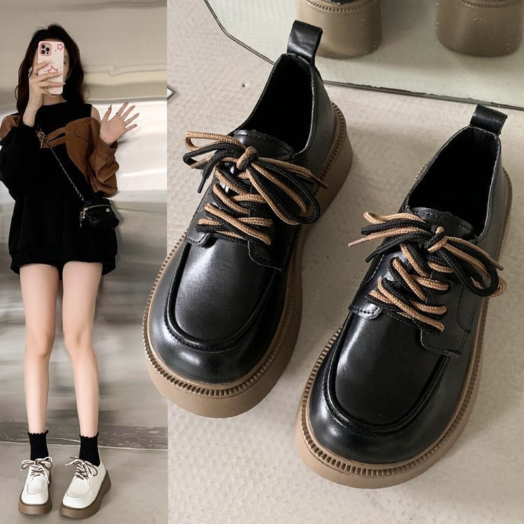 Foreign trade loafers 2025 Spring New style Retro two-color lace-patterned thick-soled Marie Jean small leather shoes for women full figure