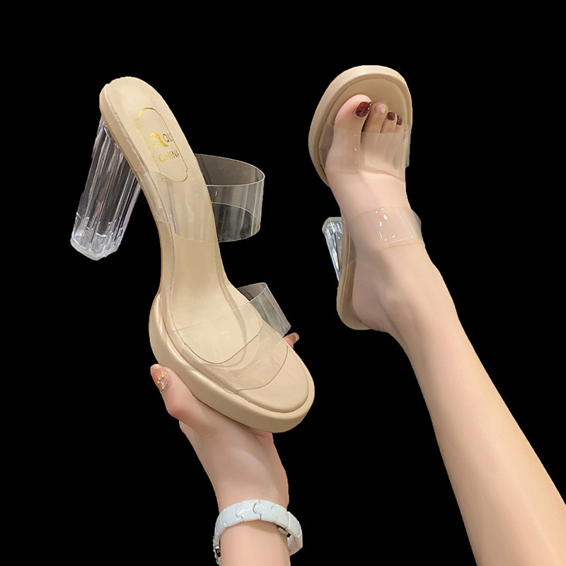 High-heeled slipper Ladies 2025 Summer new style one-strap PVC outerwear fashionable crystal Slipper Ladies details Picture