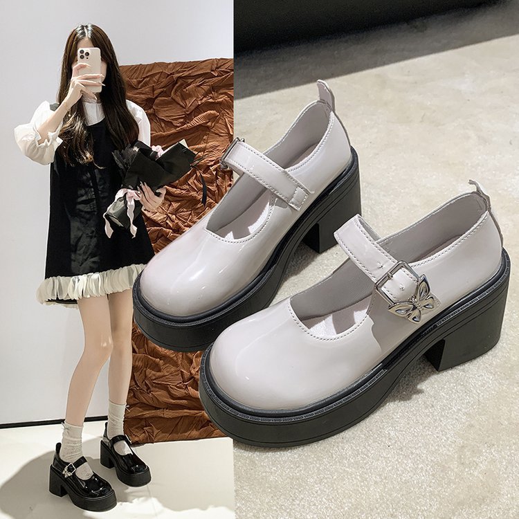 Black chunky-heeled thick-soled small leather shoes for women, 2025 new summer versatile jk with skirt, high-heeled French Marie Jean shoes full figure
