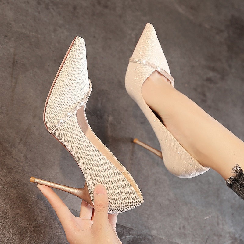 French socialite high heels 2025 Spring New Style rhinestone fairy style versatile golden pointed-toe slender single shoe for women full figure