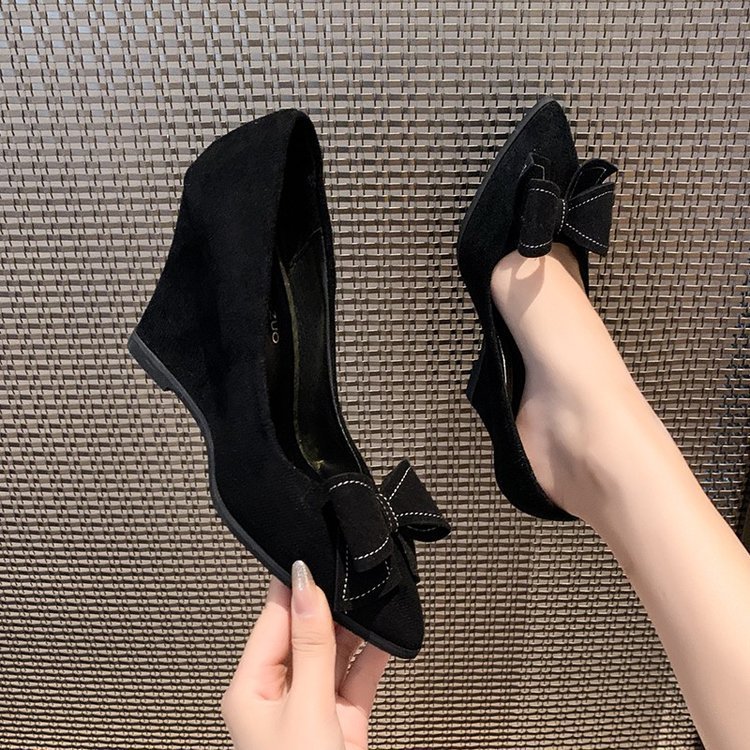 New Korean version bow thick-soled wedge heel pointed-toe shallow-mouth women's single shoes for Spring and autumn 2025 Specification drawing