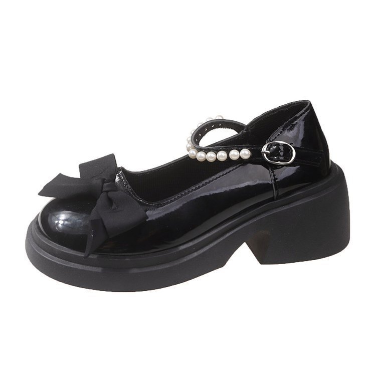Mary Jane Single Shoe Women's Spring/Summer 2025 New style fashionable and sweet bow thick-soled, chunky heel pearl small leather shoes Item Picture