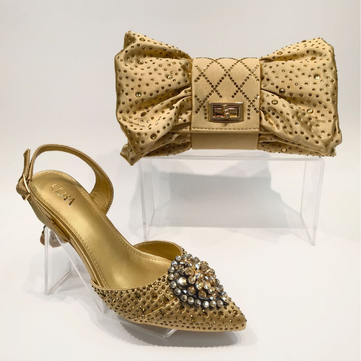 2025 Ladies' High-heeled Evening Bag Set, pointed-toe high-heeled sandals, bow and diamond-encrusted handbag, banquet bag full figure
