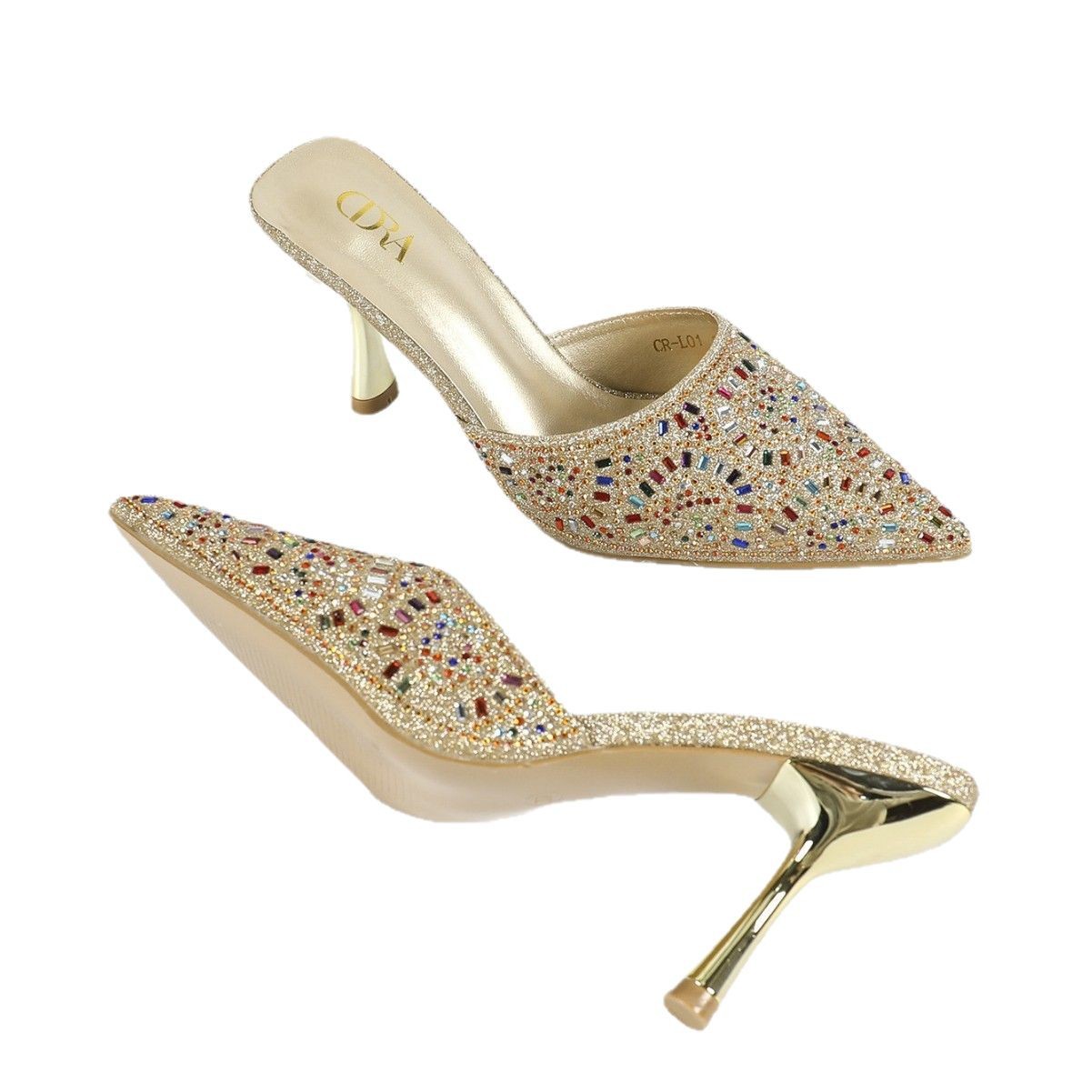 Cross-border 2025 European and American high heels, rhinestone flip-flops, pointed-toe slender heels, sexy slippers, fashion women's shoes export order Item Picture