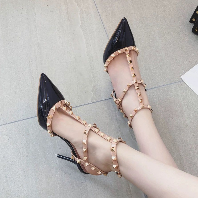 Riveted high heels for women, slender single shoes, versatile 2024 summer sexy pointed-toe T-shaped sandals with back empty tangerine sandals for women Application Scenario