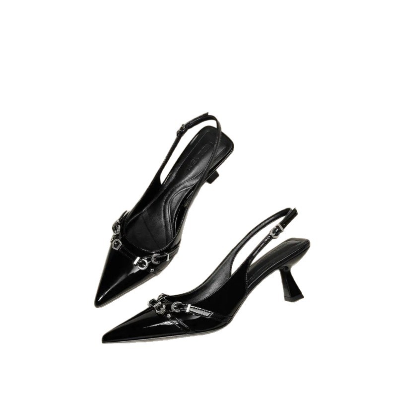 Spring 2025 new single shoe, light mature style, black patent leather pointed-toe, irregular-shaped and high-heeled fashion sandals, the same style as supermodels Item Picture