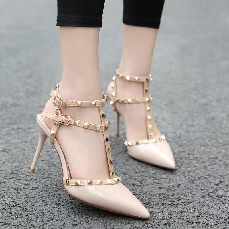 Riveted high heels for women, slender single shoes, versatile 2024 summer sexy pointed-toe T-shaped sandals with back empty tangerine sandals for women Specification drawing
