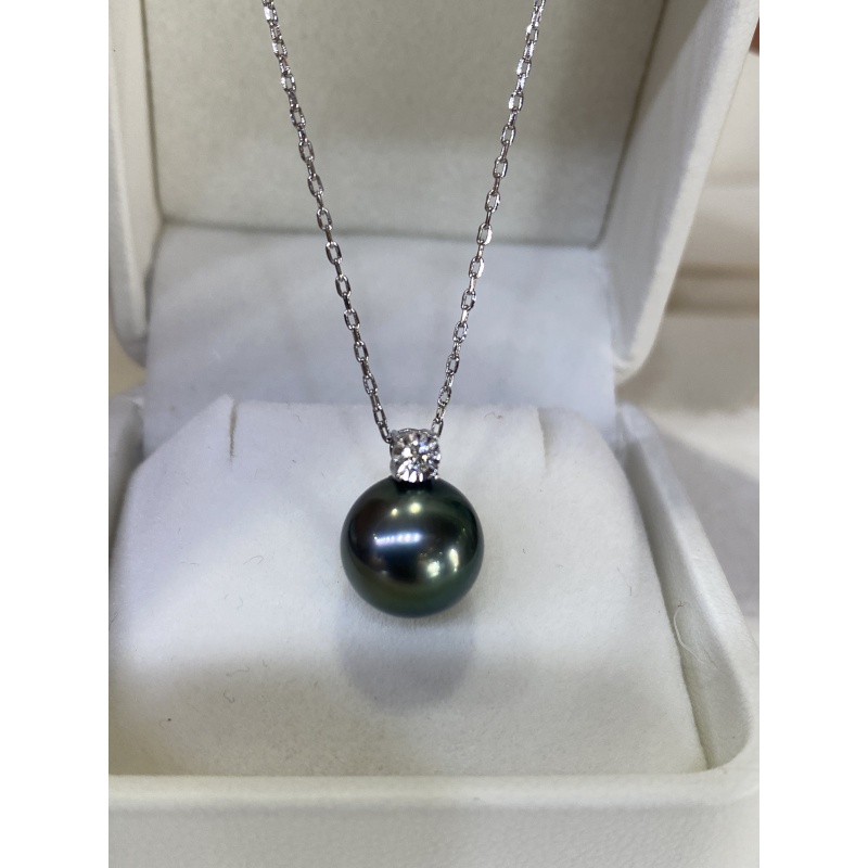 10-10.5mm大溪地孔雀绿正圆极光无暇品质18k白金戴妃款配送纯银链