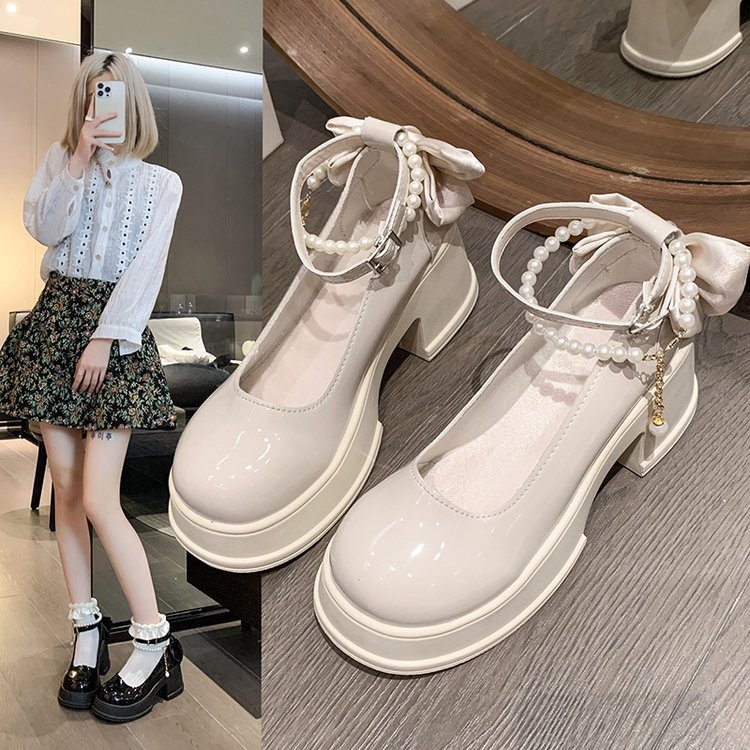 2025 New round toe Mary Jane shoes, thick heels, high heels, sweet princess single shoes full figure