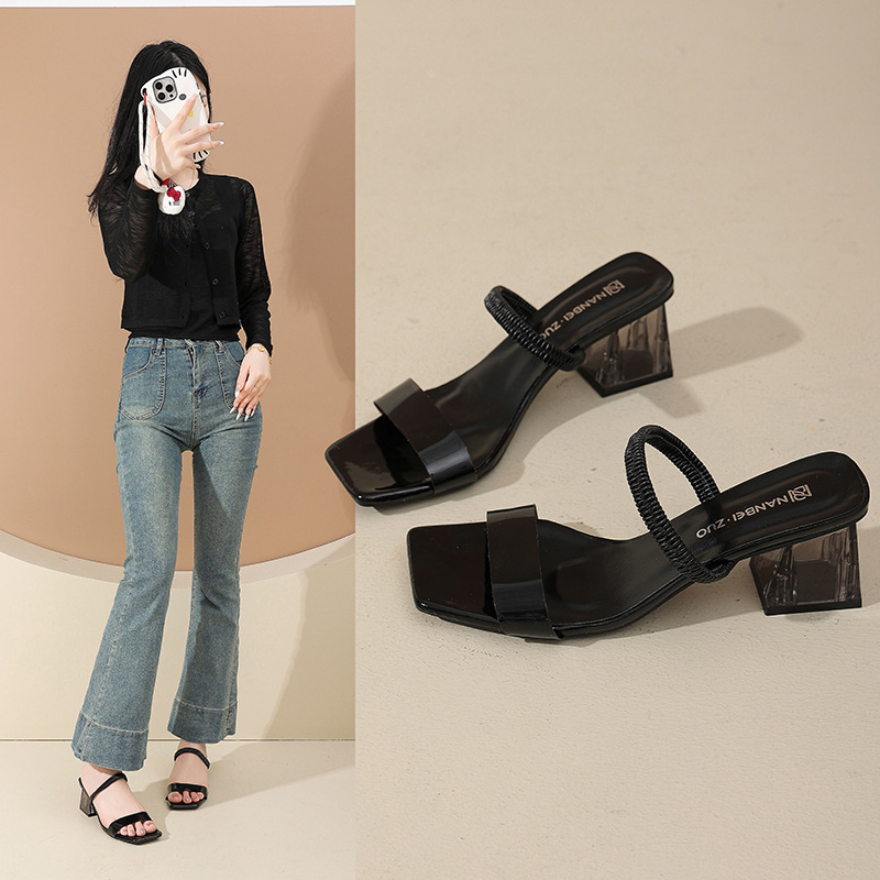 Water diamond transparent thick-heeled sandals for women's summer 2025 new French fashion square-toed toe revealing fairy one-shoulder full figure