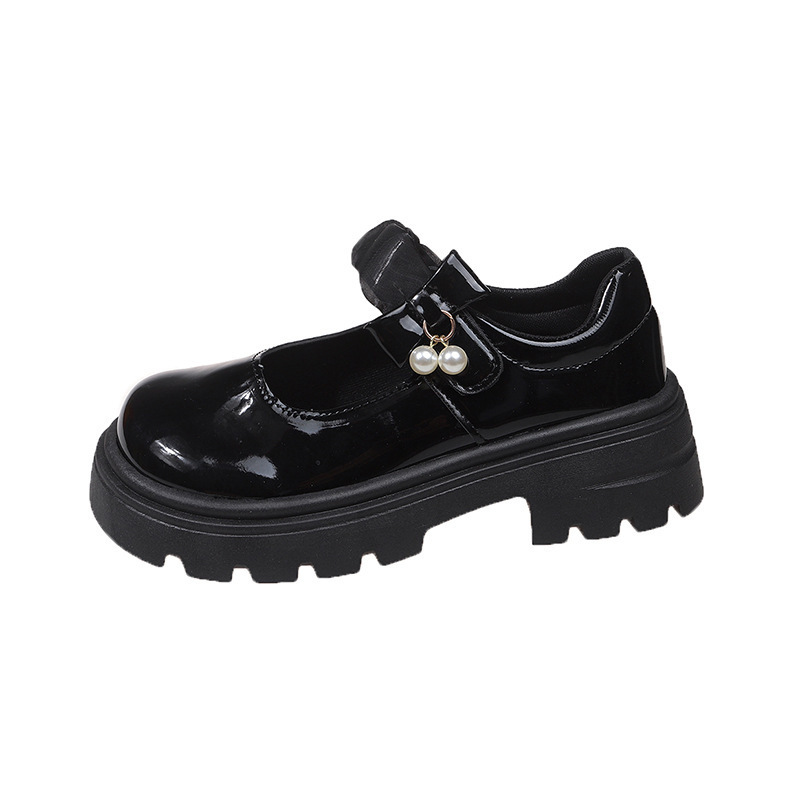 Black French thick-soled Mary Jane small leather shoes for women 2025 new spring, paired with skirts, round-toe pearl chunk-heeled single shoes Item Picture