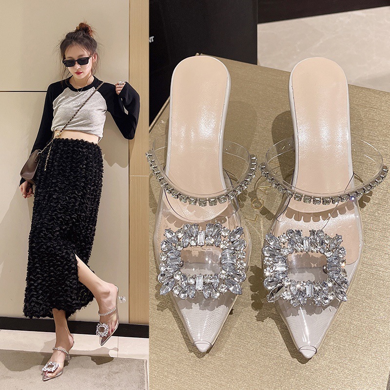 Baotou half-slipper women's summer outerwear shoes, water diamond sandals, transparent crystal high heels, women's thin-heeled shoes, high-heeled slippers full figure