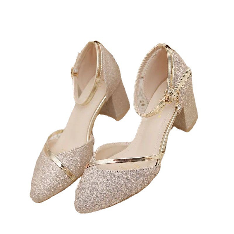 2021 Summer new style of Korean style pointed-toe square thick-heeled women's shoes, one-button fashionable sandals for export Item Picture