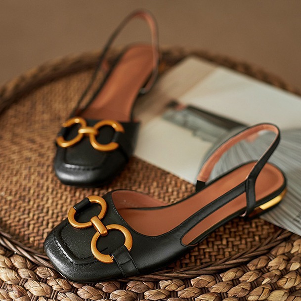 Korean-style retro sandals for women, featuring metal horsebit buckles, a low-heeled, shallow-cut, backless single shoe, and a one-strap square-toe single shoe details Picture