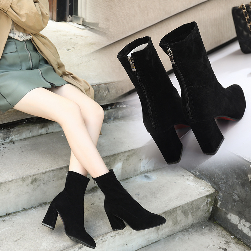Women's boots 2025 New Korean version autumn and winter mid-calf pointed-toe chunk-heeled short boots for women, high heels for women, elastic boots for women Specification drawing