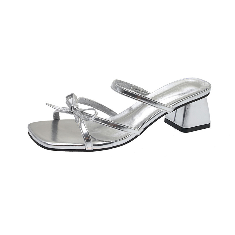 High-heeled women's outerwear 2025 Summer new style versatile and niche French fashion bow thick-heeled slippers Women's sandals Item Picture