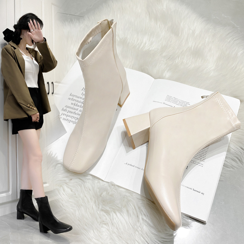 Martin Boots Women 2024 New Style Women's Boots Winter European and American style square toe back zipper short boots Women's style thick heel mid-heel boots Women details Picture