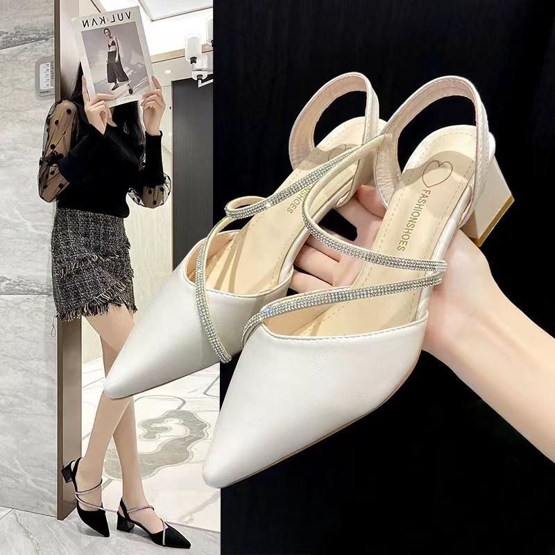 Stunning 2024 new style sandals, women's thick-heeled French summer high heels, pointed-toe single shoes, elegant women's shoes full figure
