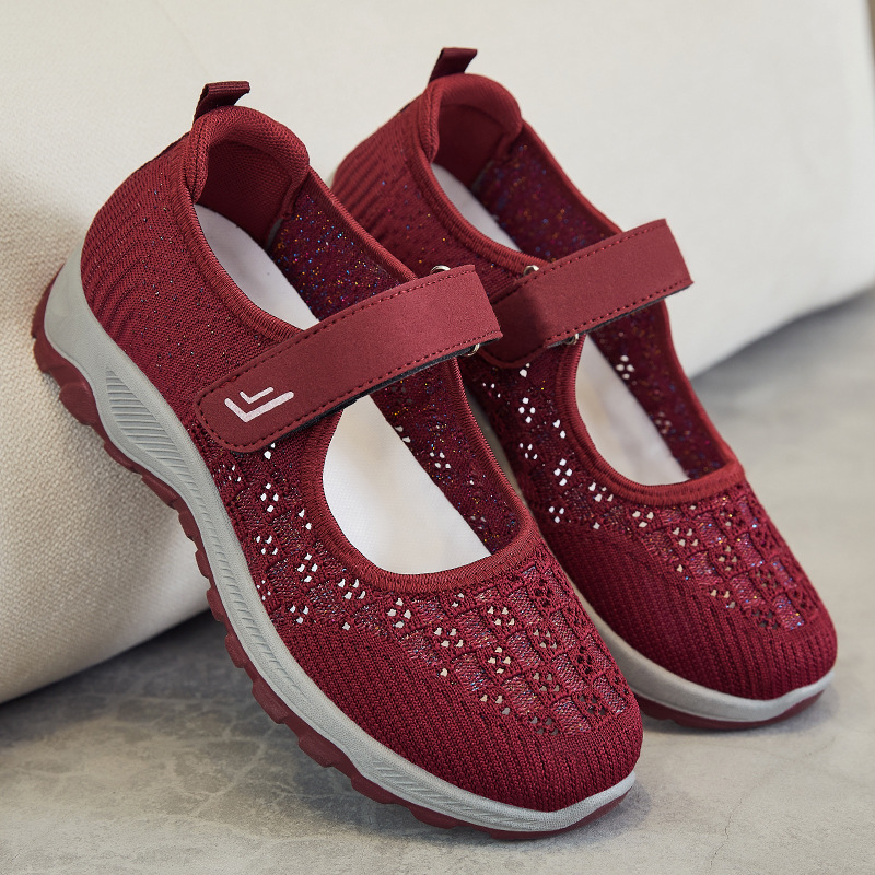 Shoes for women, middle-aged and elderly mothers: Versatile, breathable mesh shoes, soft-soled, comfortable walking shoes, Velcro style, flying woven shoes Specification drawing