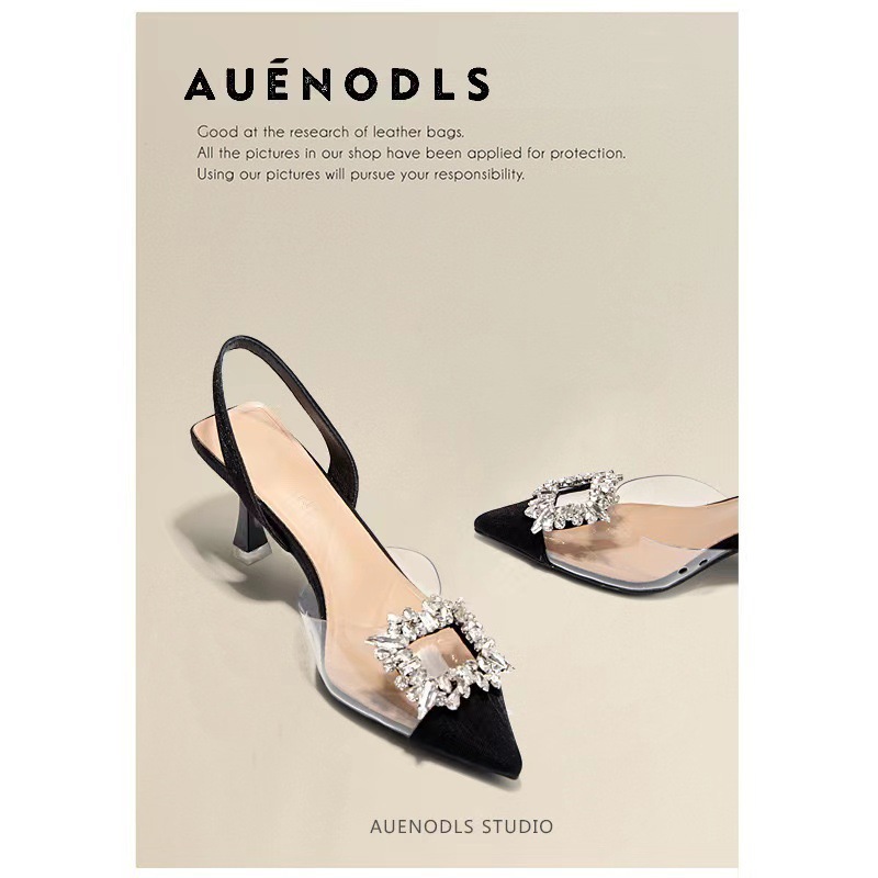 New Summer 2024 fashion rhinestone square buckle transparent strap patchwork pointed-toe clipped thin-heeled high-heeled sandals Specification drawing
