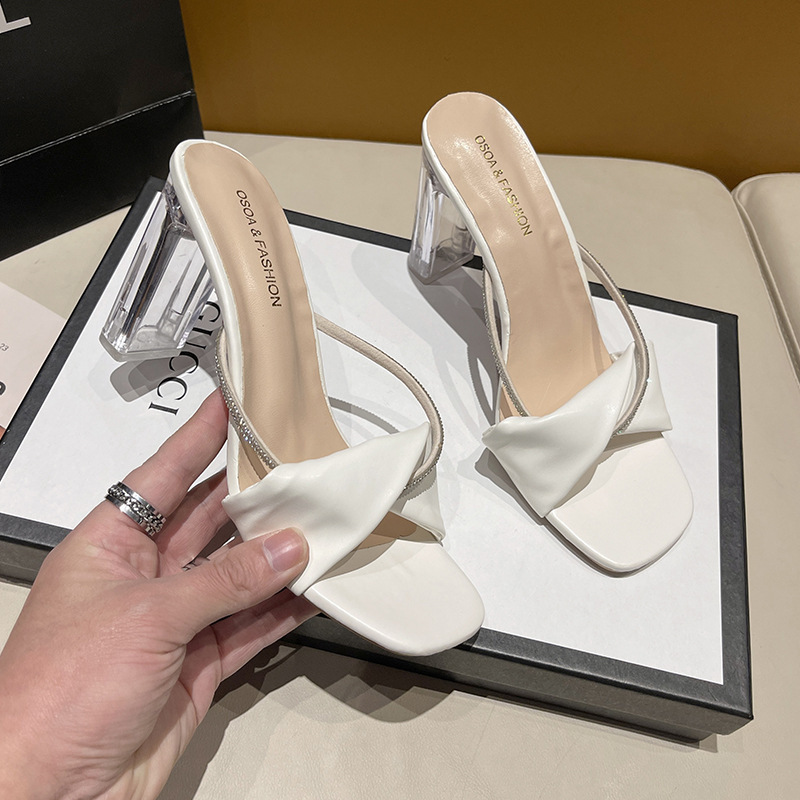 French transparent high-heeled flip-flops for women's outerwear in summer 2024, versatile open-toe, thick-heeled crystal slippers Specification drawing