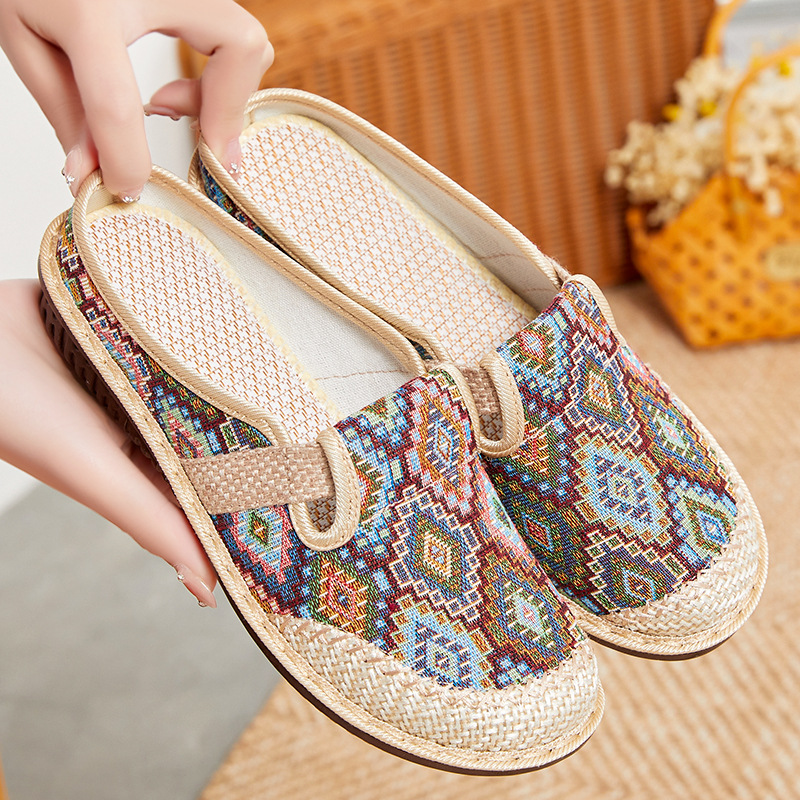 Jinshiyuan - Women's shoes, casual shoes processing and customization, ethnic style embroidered shoes, one-foot flip-top, half-toe, versatile single shoes details Picture
