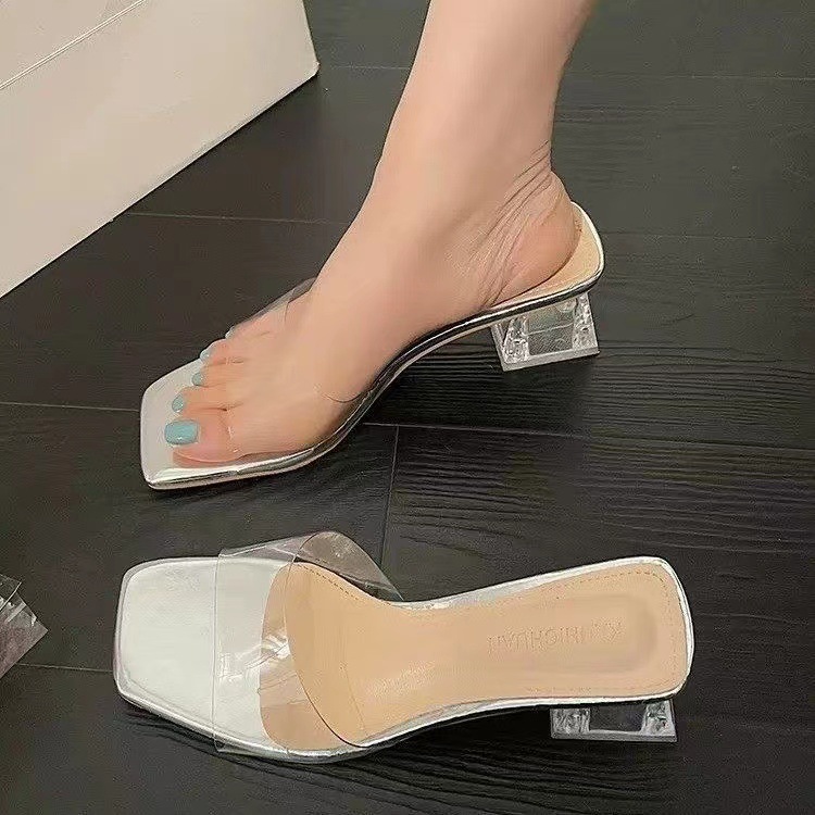 Transparent crystal slippers for women's outdoor wear in summer 2023, new thick-heeled square toe open-toe cool slippers for women's summer outdoor wear in summer details Picture
