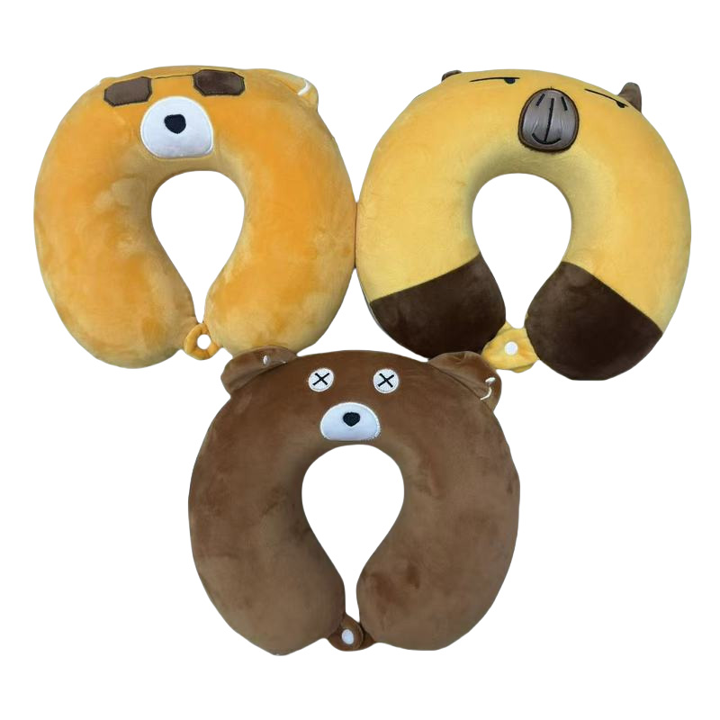 Animal bear cartoon anime peripheral latex neck pillow, cute cartoon U-shaped travel car, high-speed rail, plane, travel and tourism pillow, nap memory foam, plain neck protection pillow, rebound velvet cubic memory foam U-shaped pillow Item Picture