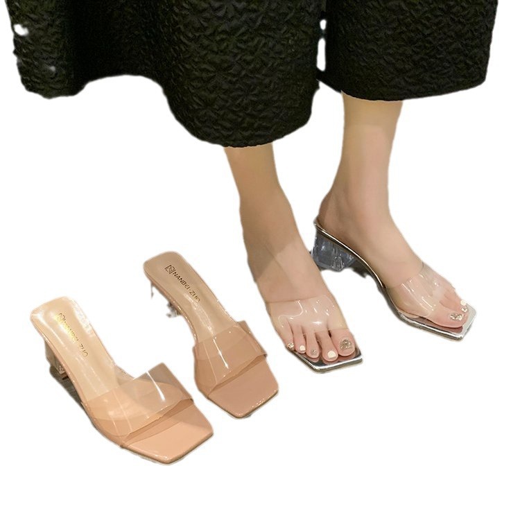 Summer 2025 new fashion outerwear sandals, transparent crystal high heels, thick heels, square heads, one-strap slippers for women Item Picture