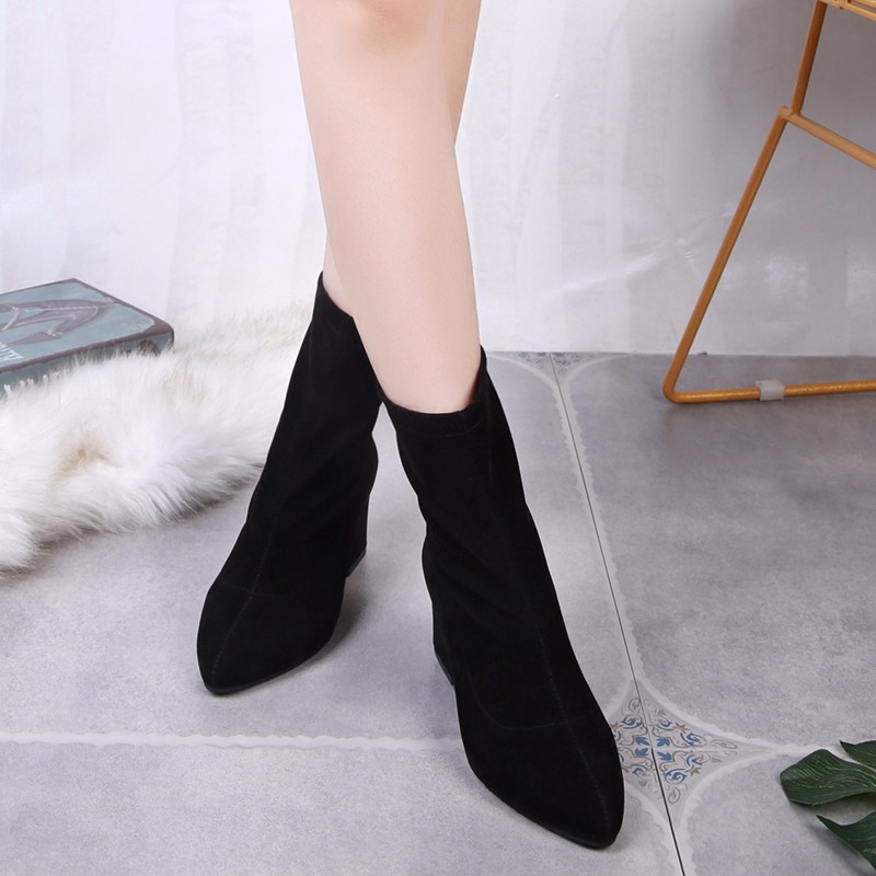 Cross-border foreign trade 2025 New style boots, socks boots, ankle boots, women's shoes, chunky heels, pointed high heels, elastic boots full figure