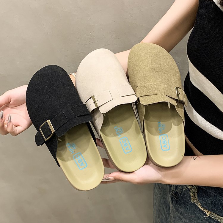 Taizhou large-sized one-legged flip-top half-slipper 2025 new style retro flat slipper round toe fleece lazy slipper Application Scenario