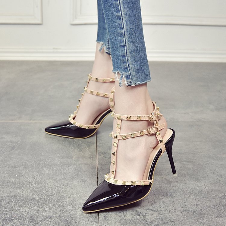 Riveted high heels for women, slender single shoes, versatile 2024 summer sexy pointed-toe T-shaped sandals with back empty tangerine sandals for women details Picture